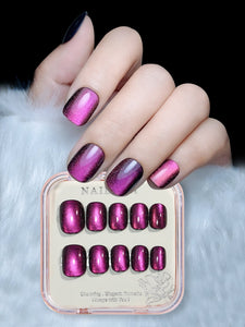 Cat’s Eye Purple Glitter Short Square Nail Set