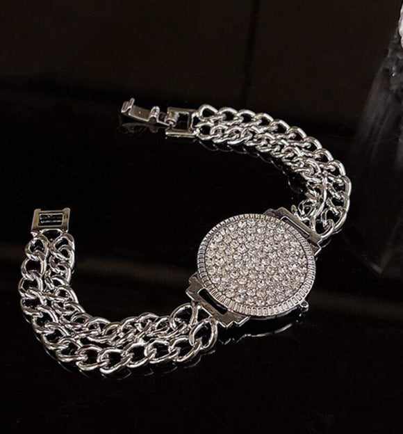 Rhinestone Watch Face Silver Bracelet