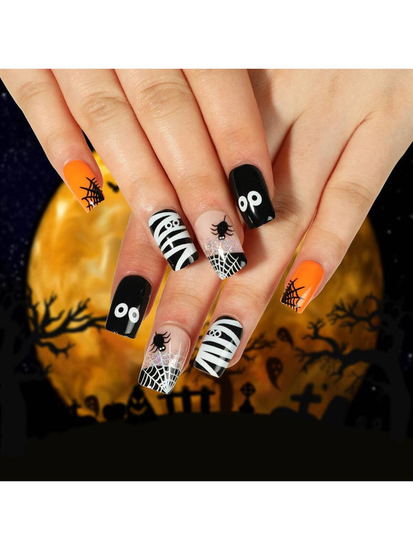 Halloween Mummies and Spiderwebs Short Square Nail Set