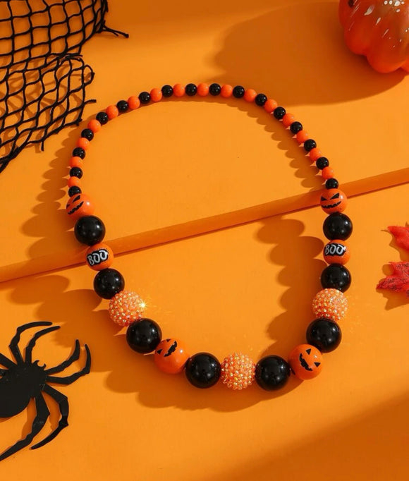 Halloween Jack O' Lantern Wooden Bead Orange Necklace