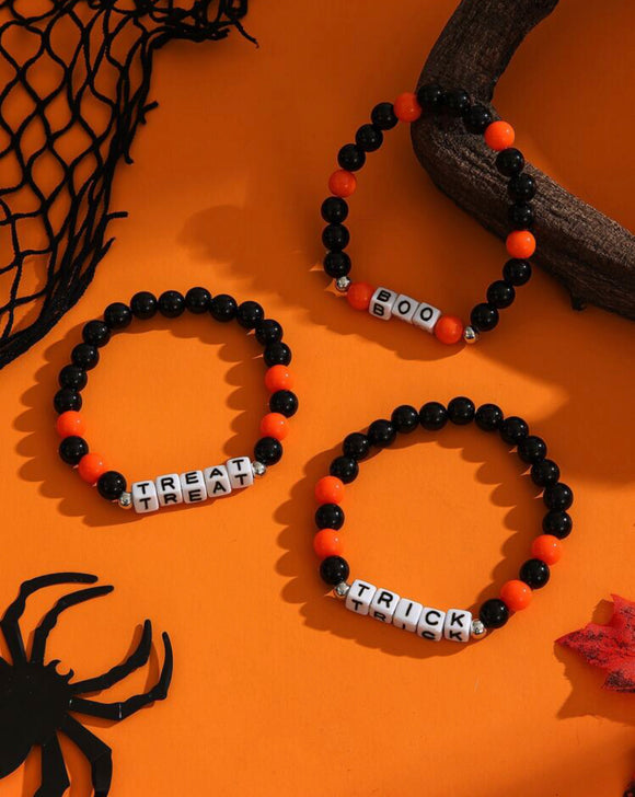 3 pc Halloween Trick Treat & Boo Beaded Bracelet Set