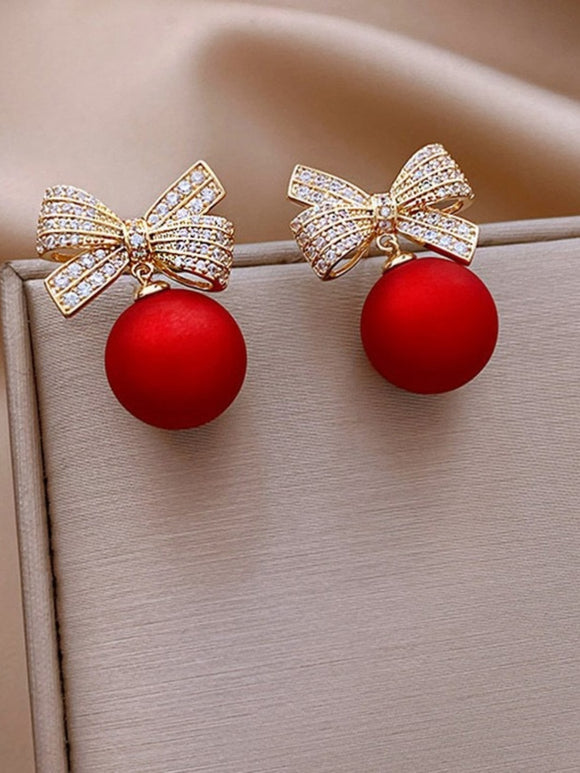 Rhinestone Bow Design Red Christmas Ball Earrings