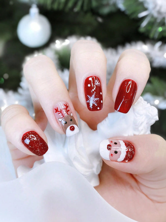 24 piece Christmas Santa and Reindeer Pattern Short Square Nail Set