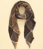 Vintage Striped Brown Plaid Triangle Fringe Scarf