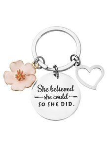 She Believed She Could So She Did Pink Floral Charm Keychain