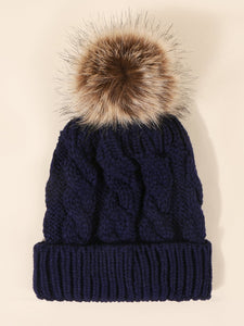 Navy Blue  Cable Knit Pom Beanie Hat