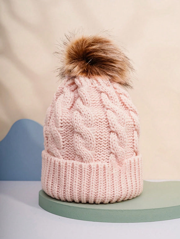 Pink Cable Knit Pom Beanie Hat