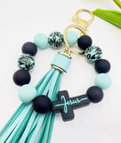 Mint and Navy Jesus Cross Tassel Keychain