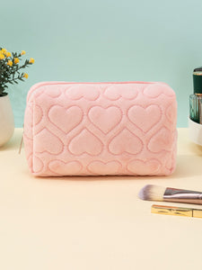 Pink Hearts Plush Zippered Cosmetic Bag