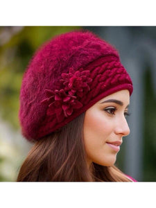 Burgundy Knitted Wool and Fur Floral Design Beret Cap