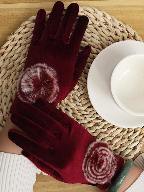 Burgundy and Floral Fur Design Velvet Gloves