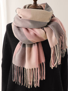 Pink and Gray Grid Pattern Plaid Fringe Scarf