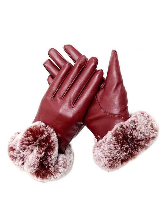 Pu Leather and Fur Cuff Burgundy Gloves