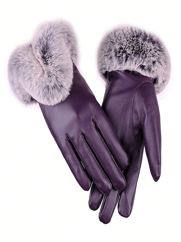 Pu Leather and Fur Cuff Purple Gloves