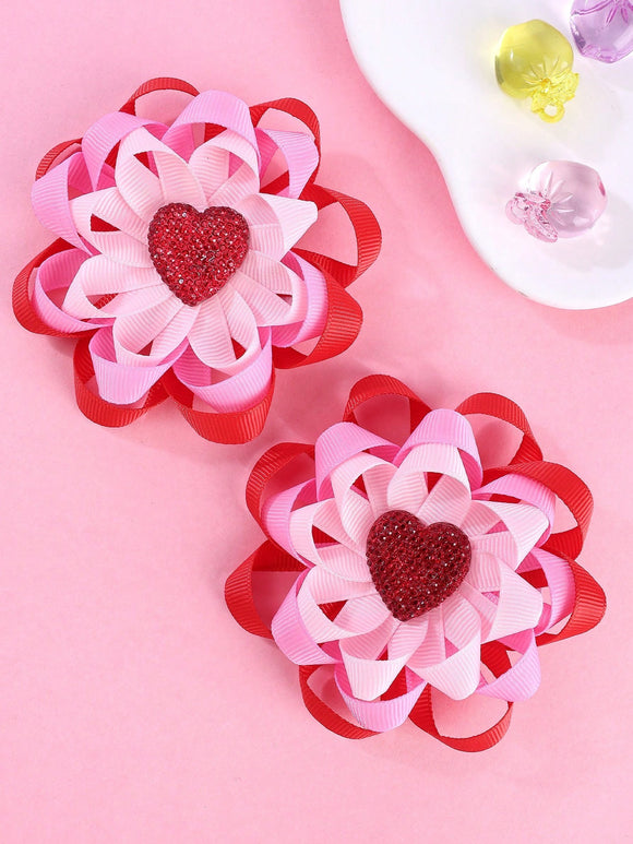 2 Pc Valentine's Day Red Heart Flower Design Hair Clips