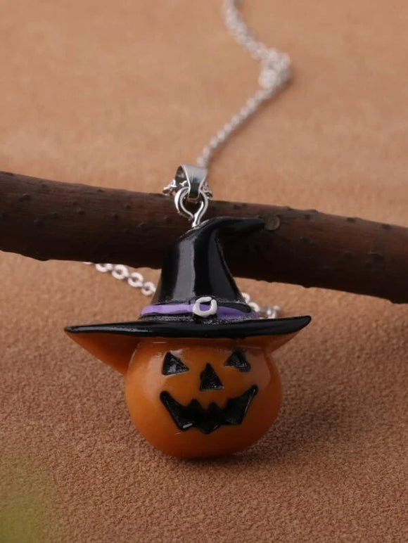 Halloween Pumpkin in Witch's Hat Necklace