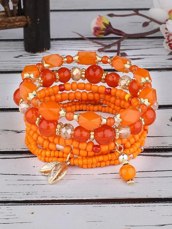 4 pc Leaf Charm Orange Beaded Bracelet