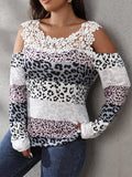 Leopard Print Lace Insert Cold Shoulder Top