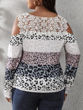 Leopard Print Lace Insert Cold Shoulder Top