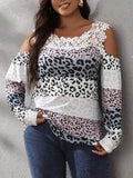 Leopard Print Lace Insert Cold Shoulder Top