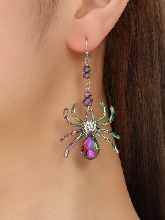 Halloween Oil Spill & Rhinestone Spider Drop Earrings