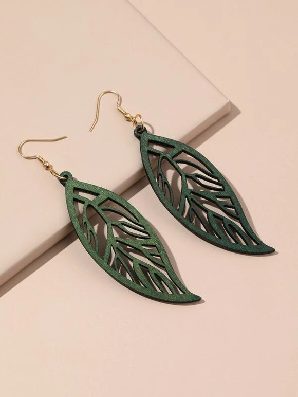 Hollow Out Green Leaf Drop Earring