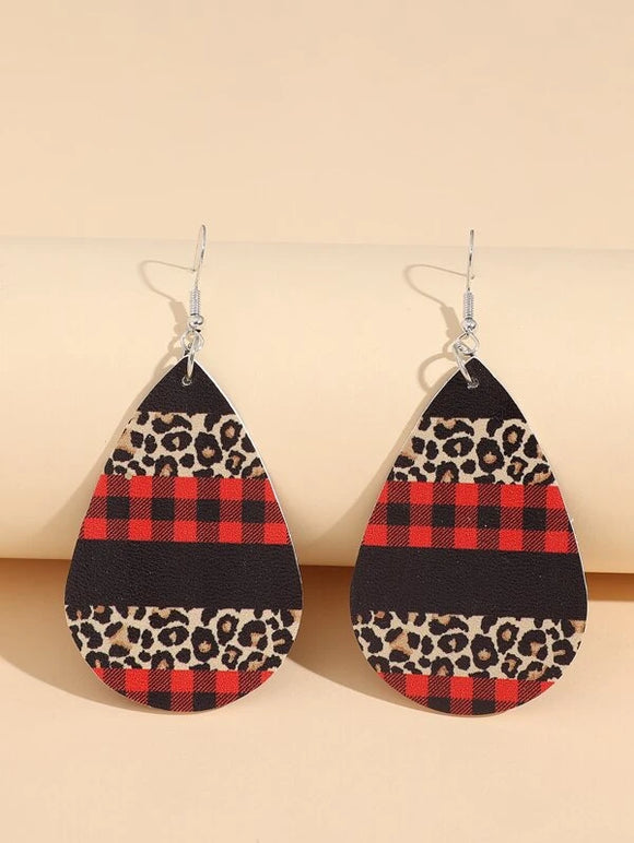 Plaid & Leopard Print Water Drop Earrings