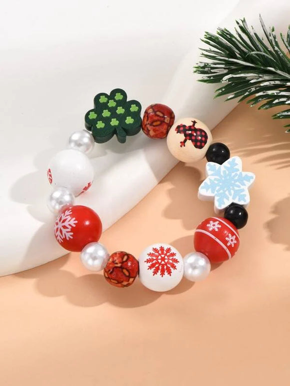 Christmas Snowflake Pattern & Pearl Wooden Bracelet