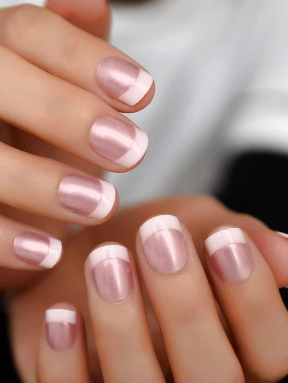 Pink Pearlescent French Manicure Style Short Square Nail Set