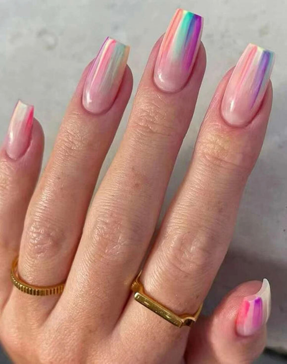 Multi Color Holographic Long Coffin Style Nail Set