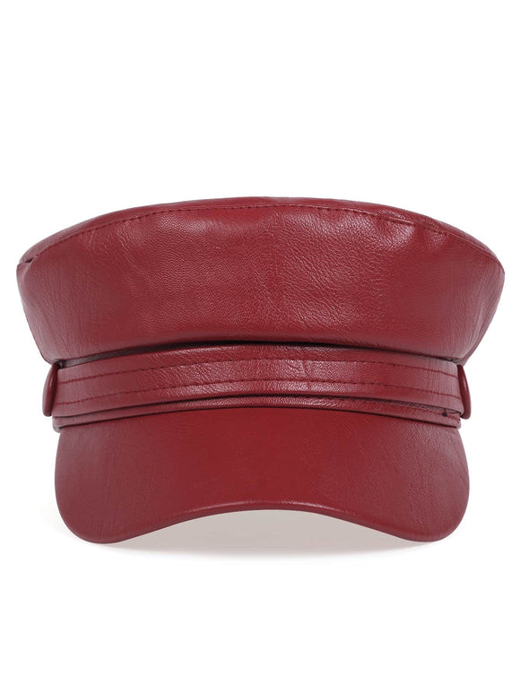 Burgundy PU Leather Baker Boy Hat