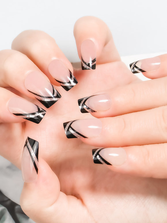 Black and Silver Design Long Square Nail Set