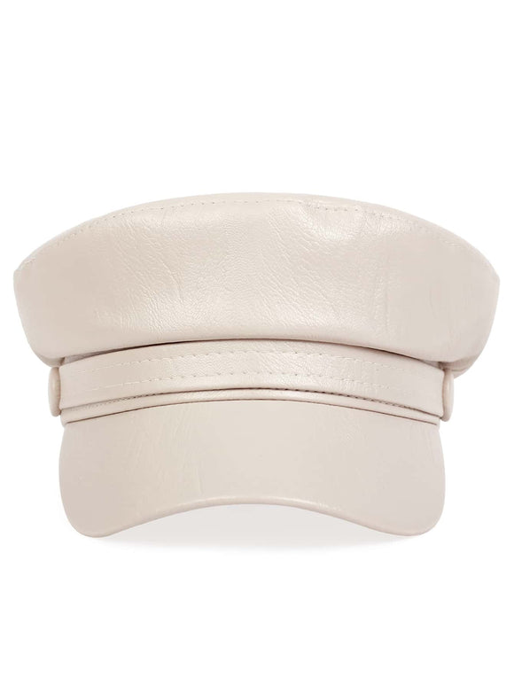 Beige PU Leather Baker Boy Hat