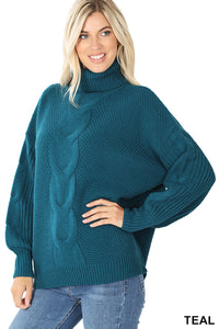 Turtleneck Cable Knit Balloon Sleeve Sweater