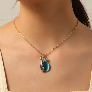 Blue Opal Pendant Necklace w/ gold diamond chain
