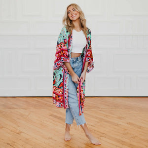 Tie Front Boho Chic Teal Floral Kimono One Size