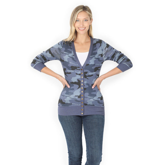 Snap button cardigan with ribbed detail-Camo print