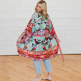 Tie Front Boho Chic Teal Floral Kimono One Size