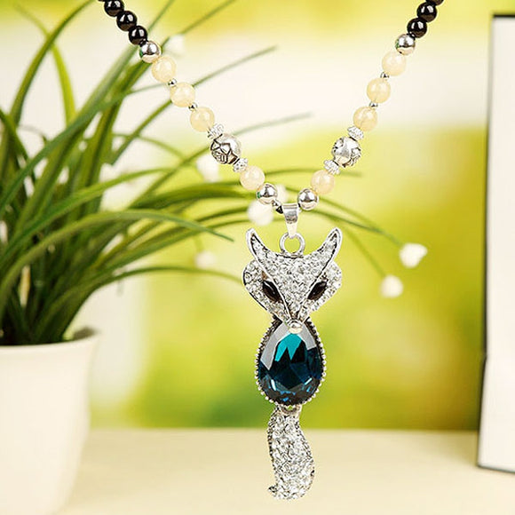 Rhinestone Studded Fox Pendant Long Necklace