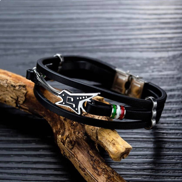 Multi layer braided Pu leather bracelet with guitar detail.